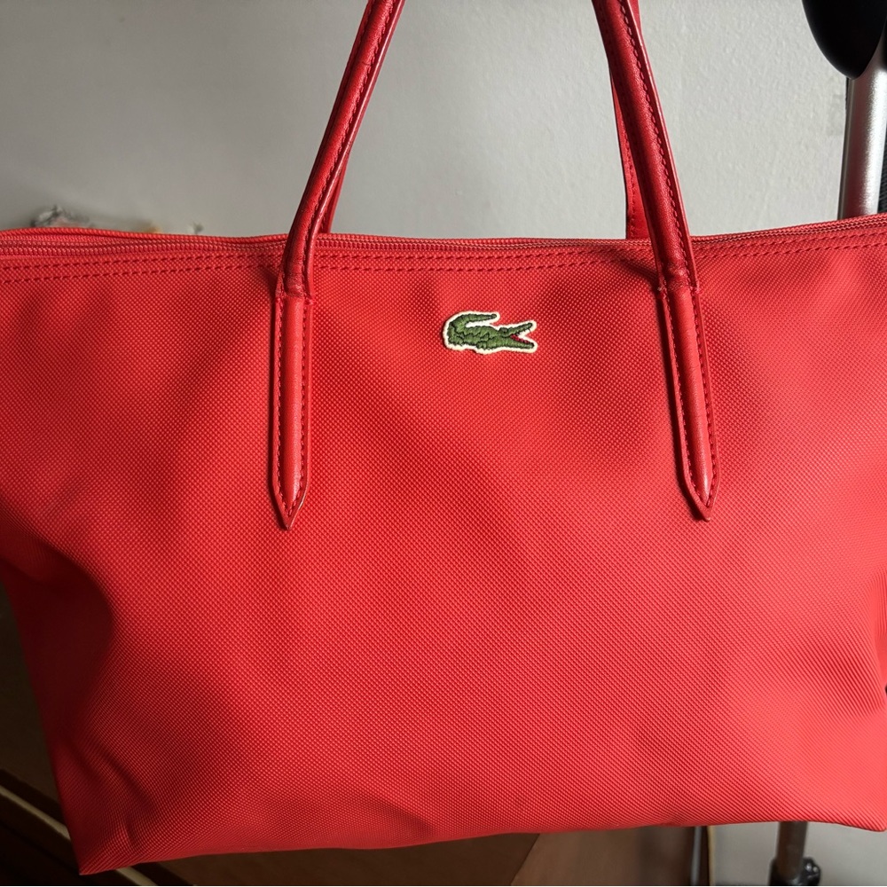 Lacoste L.12.12 Large Tote Bag Coated Canvas Zip Top Shoulder Travel Laptop Red